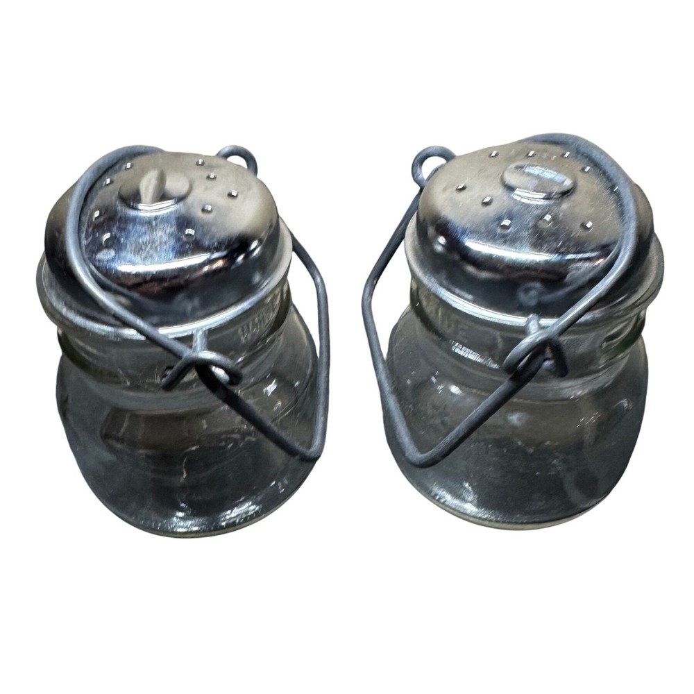 Vintage‎ 1893 Embossed Glass Salt and Pepper Shakers Wire Bail Handle Farmhouse